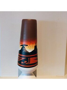 Vtg Signed Navajo Hand Painted Sunset Vase 6" Browns Oranges Lightning Sky
